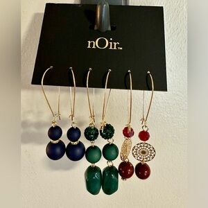 New NOIR 3 Pairs Drop Down Dangle Fashion Statement Hoop Earrings